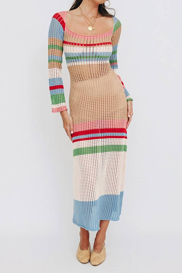Buntes kontrastreiches langärmeliges Strickkleid für Damen