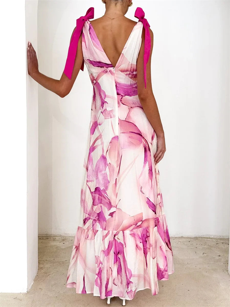 Rückenfreies V-Ausschnitt Damen Maxikleid