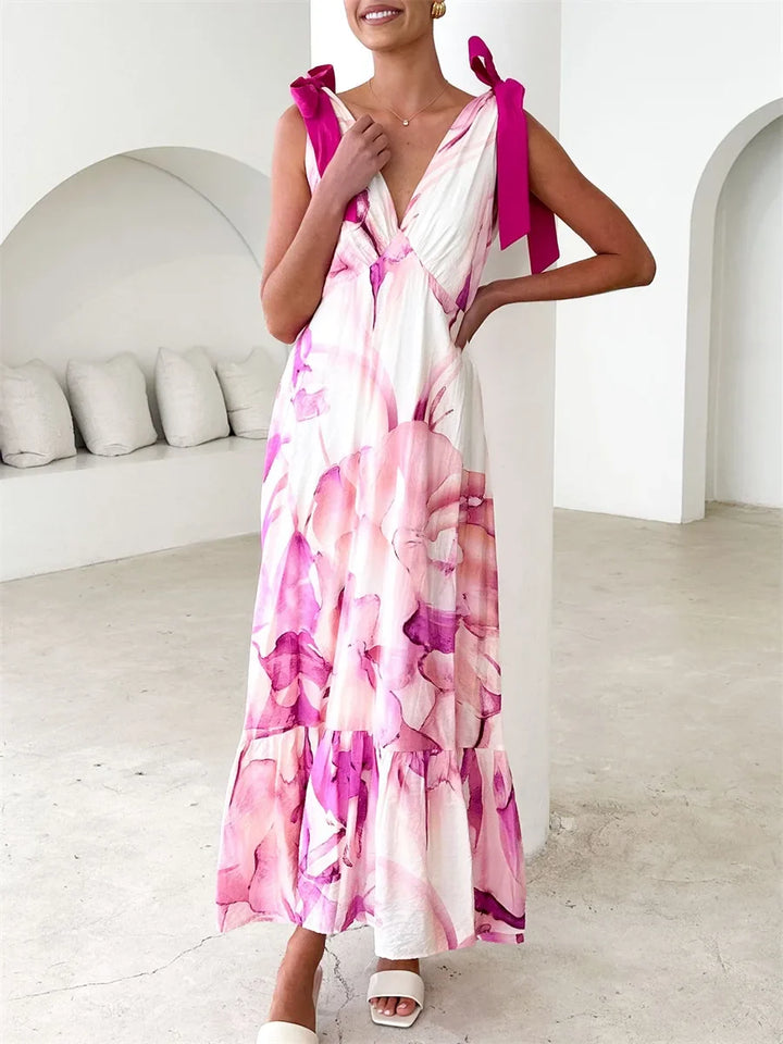 Rückenfreies V-Ausschnitt Damen Maxikleid