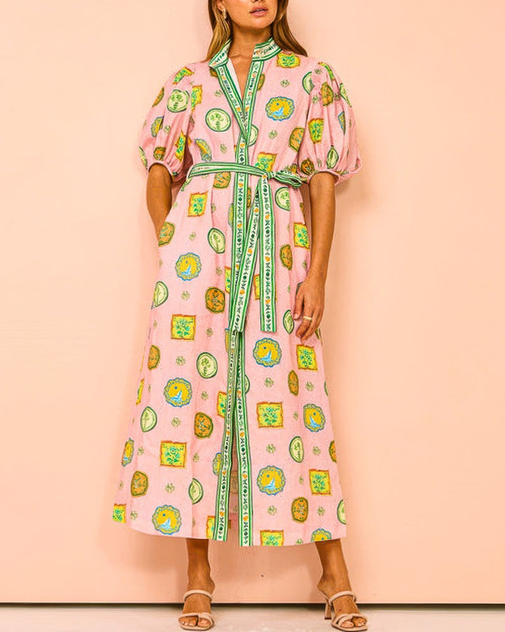 Elegantes Damen Midi-Kleid mit Ballonärmeln, Gürtel und Taschen