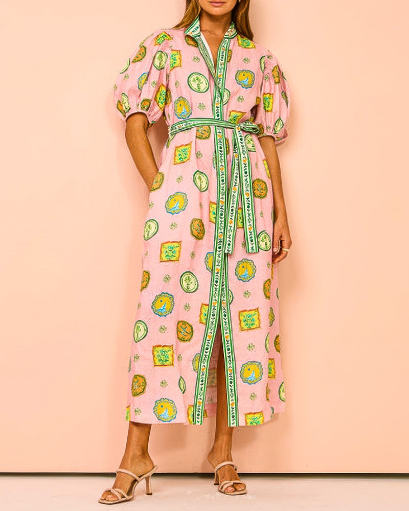 Elegantes Damen Midi-Kleid mit Ballonärmeln, Gürtel und Taschen