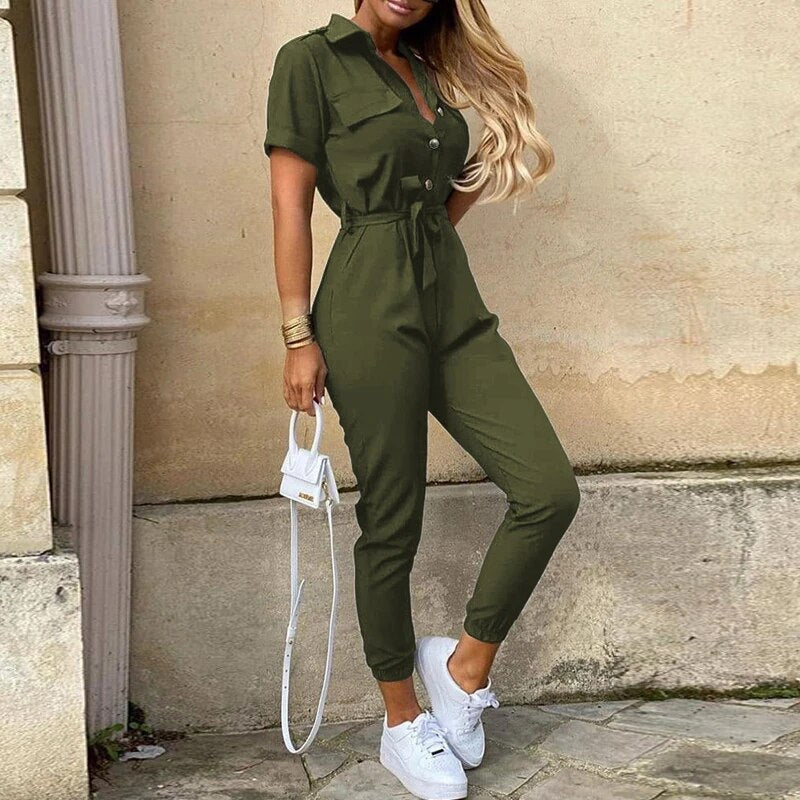 Kurzärmliger Jumpsuit mit Gürtel für Damen