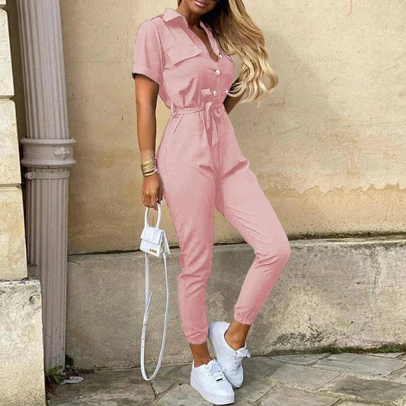 Kurzärmliger Jumpsuit mit Gürtel für Damen