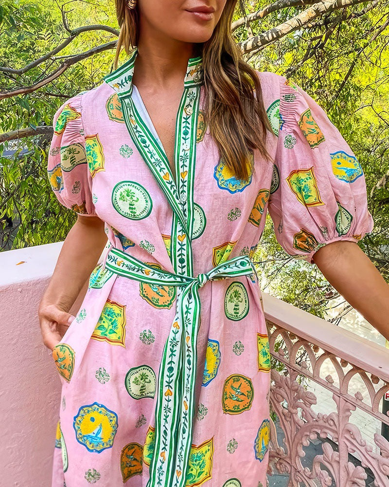 Elegantes Damen Midi-Kleid mit Ballonärmeln, Gürtel und Taschen