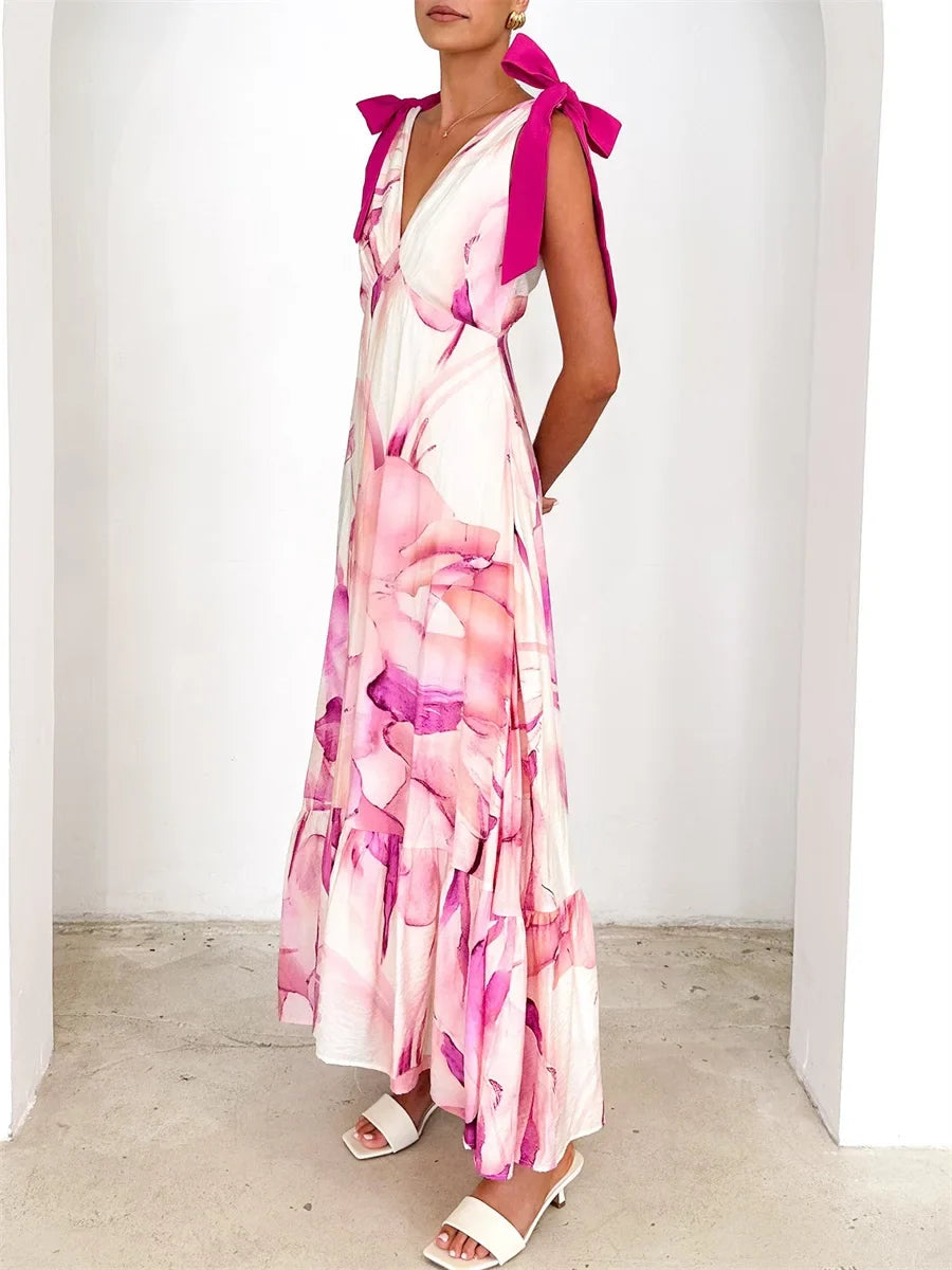 Rückenfreies V-Ausschnitt Damen Maxikleid