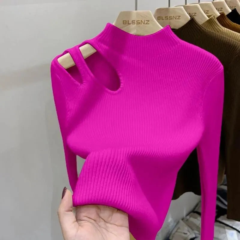 Gerippter Rollkragenpullover mit Ausschnitt für Damen