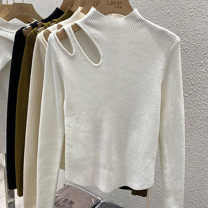 Gerippter Rollkragenpullover mit Ausschnitt für Damen