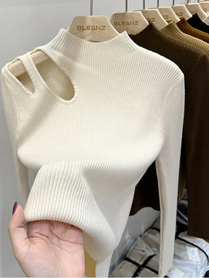 Gerippter Rollkragenpullover mit Ausschnitt für Damen