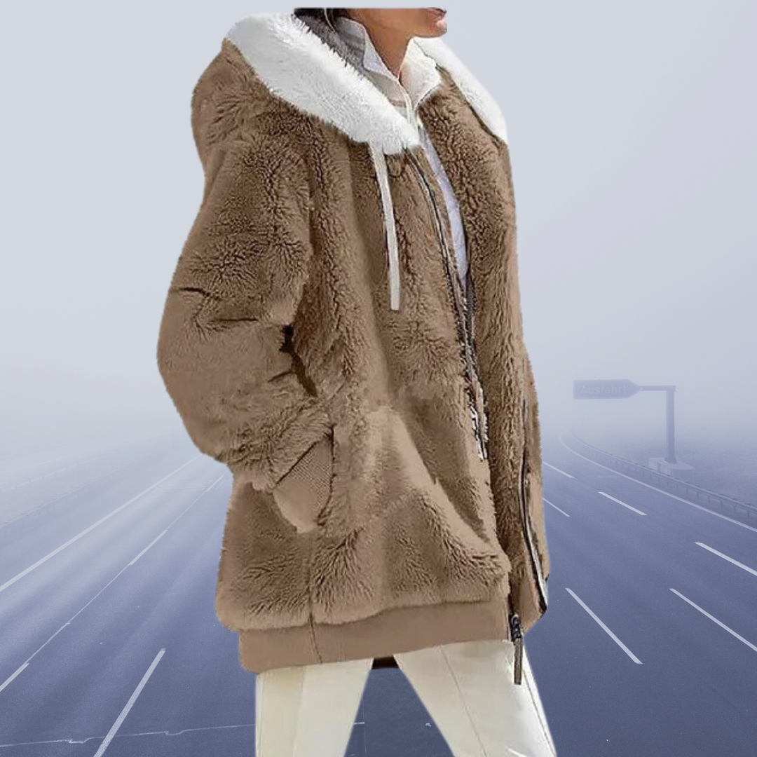 Flauschige Zip-up-Jacke mit Kapuze für Damen