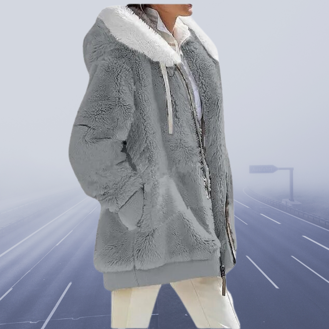 Flauschige Zip-up-Jacke mit Kapuze für Damen