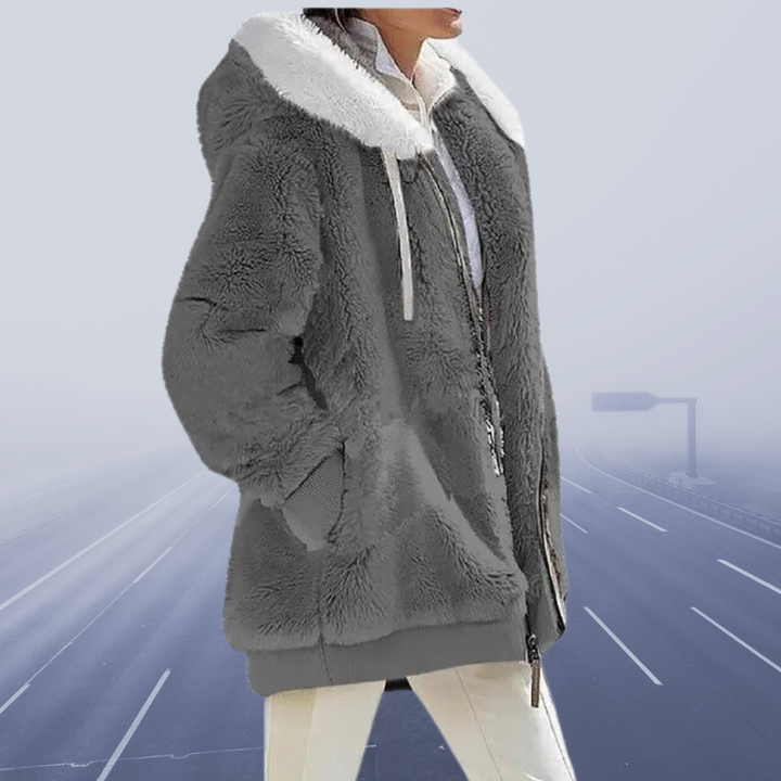 Flauschige Zip-up-Jacke mit Kapuze für Damen