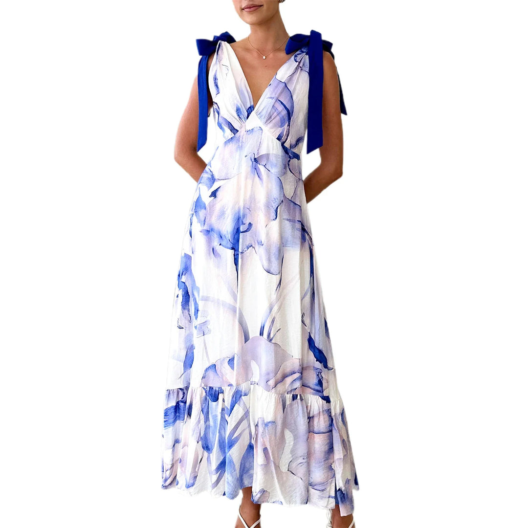 Rückenfreies V-Ausschnitt Damen Maxikleid